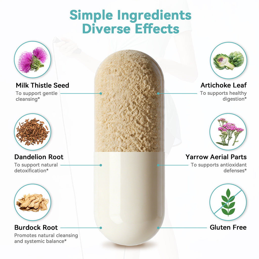 Five herbal ingredients in AskTaTa Liver Support: Milk Thistle, Artichoke Leaf, Dandelion Root, Yarrow, and Burdock Root