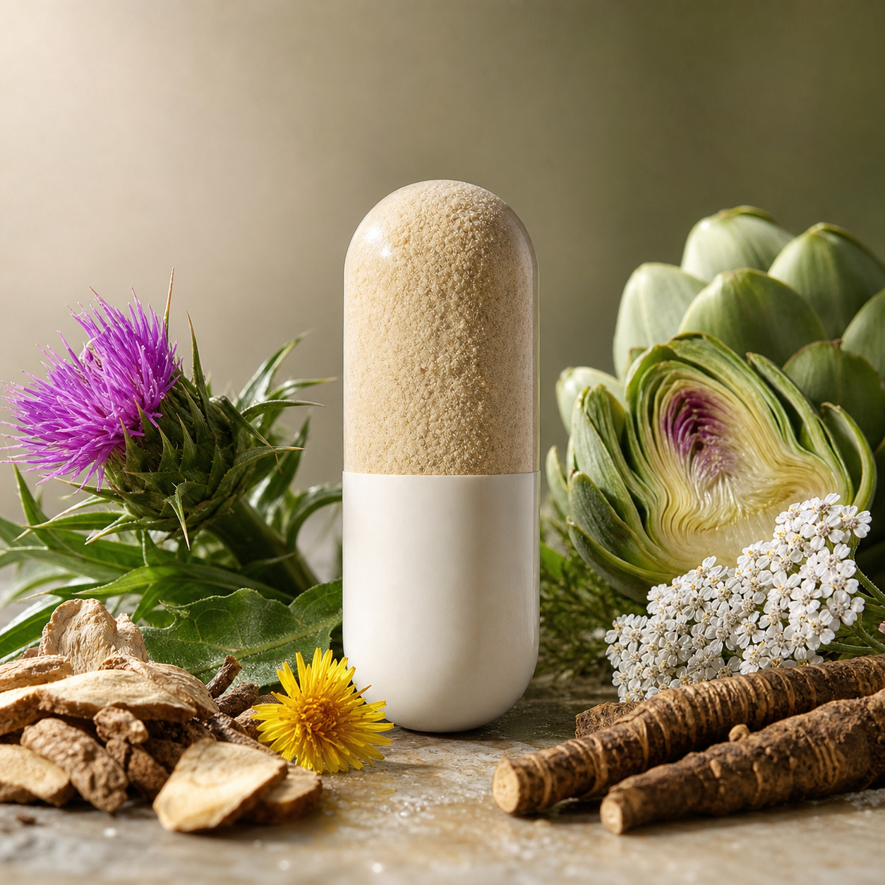 AskTaTa Liver Support capsule cross-section showing five herbal botanical ingredients — Milk Thistle, Artichoke, Dandelion, Yarrow, and Burdock Root extract powder