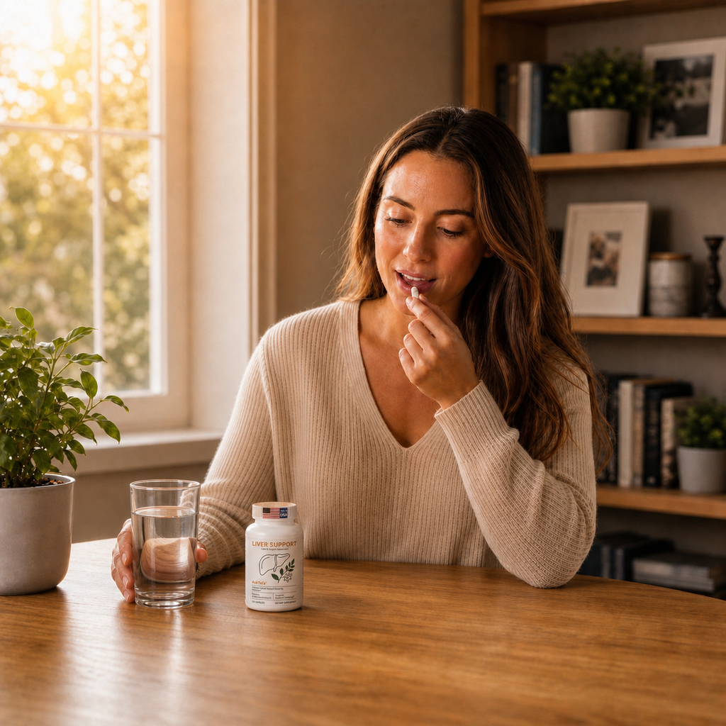 Woman holding AskTaTa Liver Support bottle at home with glass of water for daily wellness routine