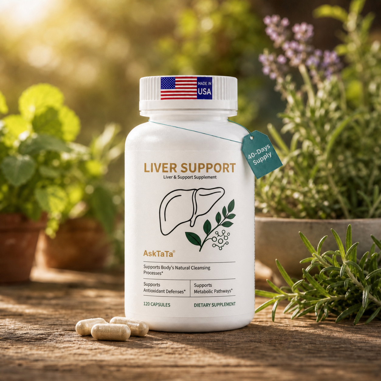 AskTaTa Liver Support supplement bottle with Milk Thistle and Artichoke — 120 capsules, Made in USA