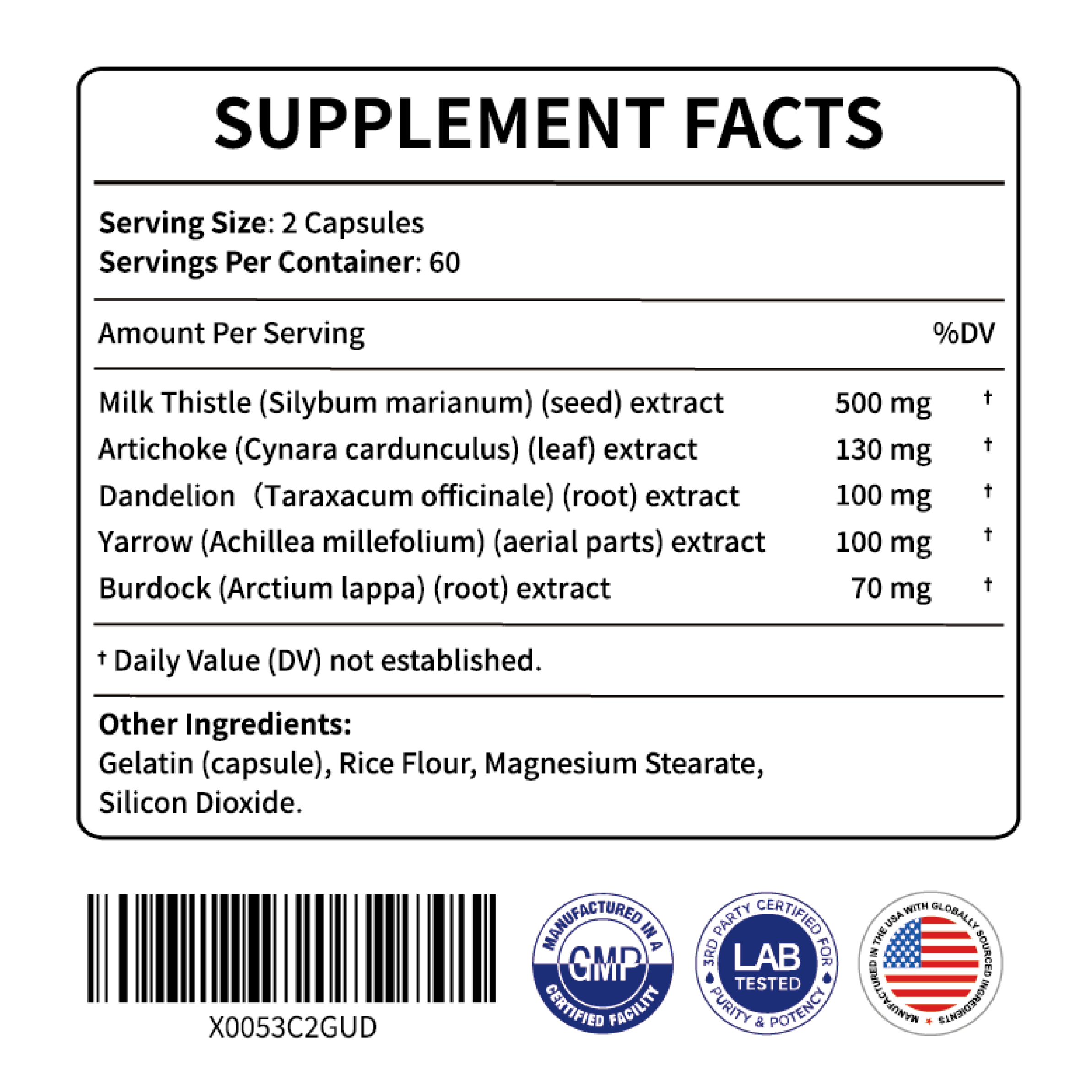AskTaTa Liver Support Supplement Facts label showing Milk Thistle 250mg, Artichoke, Dandelion, Yarrow, and Burdock ingredients