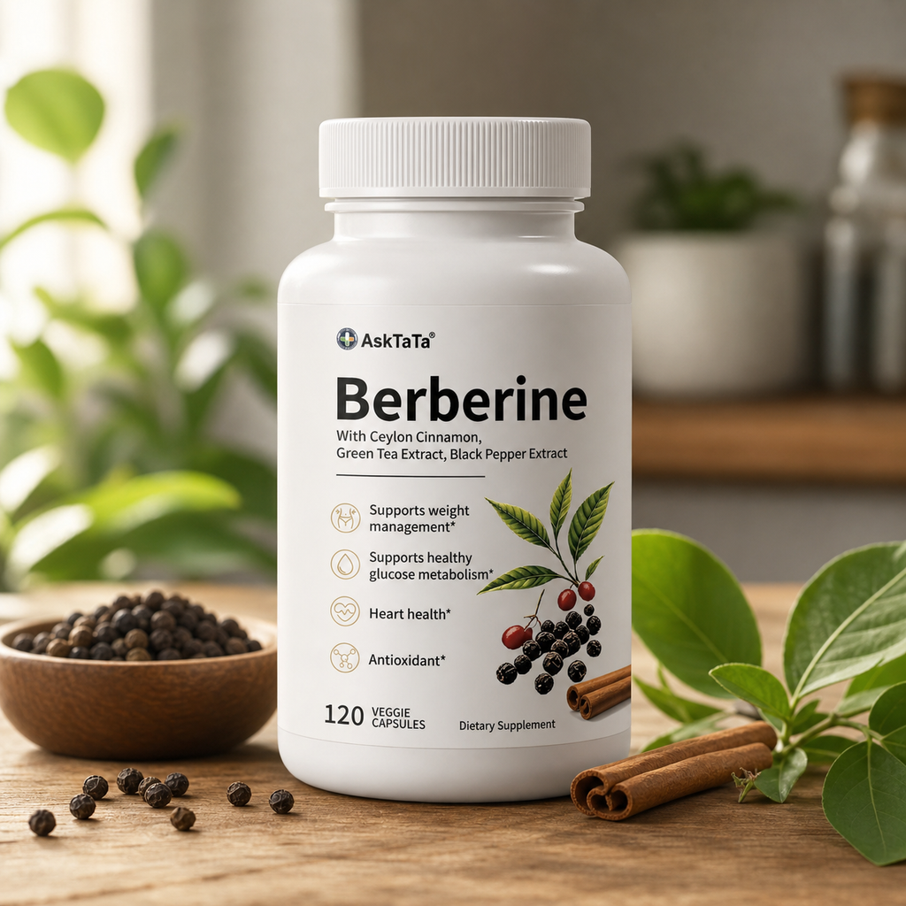 AskTaTa Berberine Complex with Ceylon Cinnamon, Green Tea Extract and Black Pepper Extract — 120 veggie capsules, supports weight management and healthy glucose metabolism