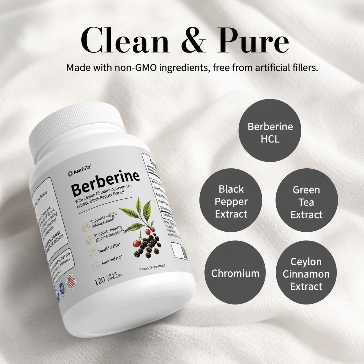 AskTaTa Berberine Complex — clean and pure formula with Berberine HCL, Black Pepper Extract, Green Tea Extract, Chromium, and Ceylon Cinnamon Extract, non-GMO and free from artificial fillers
