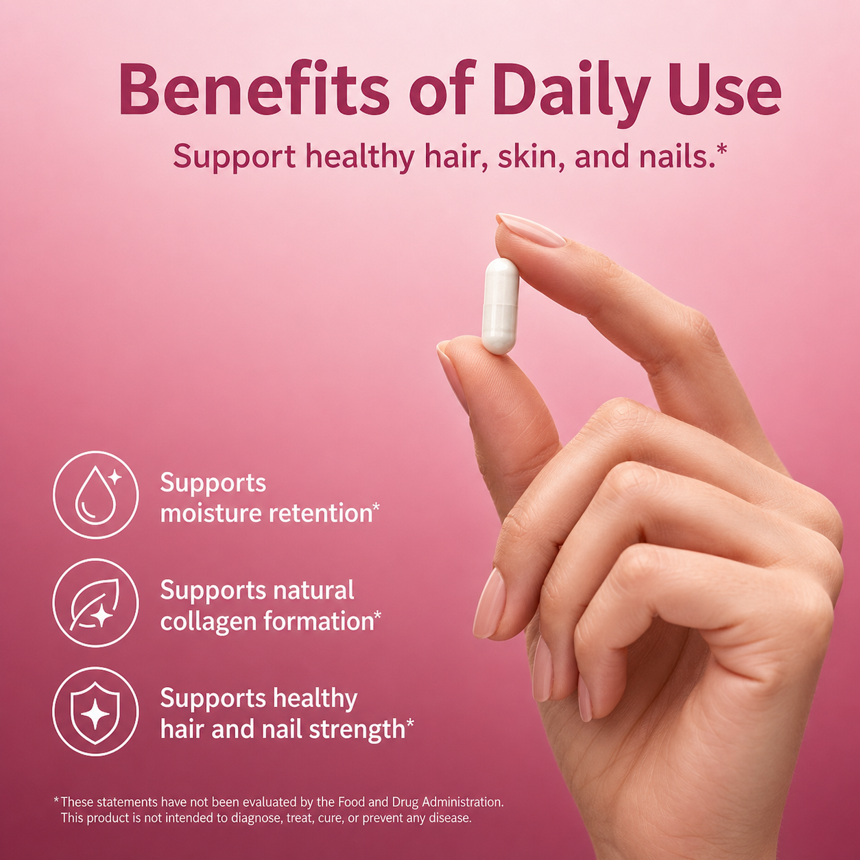 AskTaTa Hair Skin and Nails Vitamins daily benefits — supports moisture retention, natural collagen formation, and healthy hair and nail strength