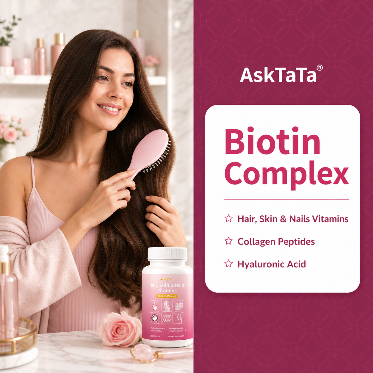 AskTaTa Biotin Complex — Hair Skin and Nails Vitamins with Collagen Peptides and Hyaluronic Acid, lifestyle image with woman brushing healthy hair