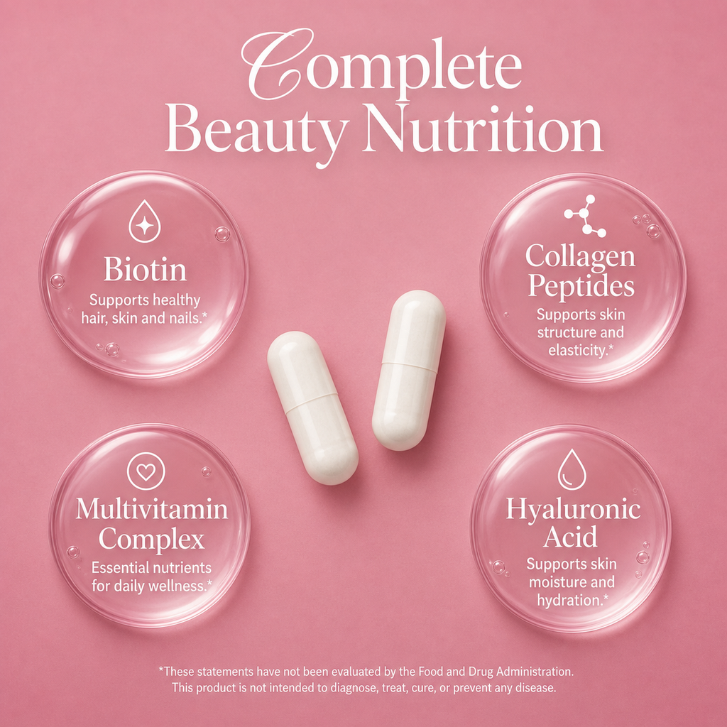 AskTaTa complete beauty nutrition — Biotin supports healthy hair skin and nails, Collagen Peptides supports skin structure, Multivitamin Complex for daily wellness, Hyaluronic Acid supports skin moisture