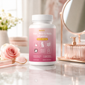 AskTaTa Hair Skin and Nails Vitamins with Biotin 5000mcg — 120 capsules on marble vanity with rose and jade roller, beauty supplement for hair skin and nail support