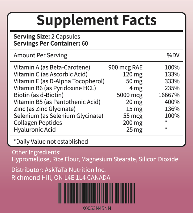 AskTaTa Hair Skin and Nails Vitamins supplement facts — Biotin 5000mcg, Collagen Peptides 200mg, Hyaluronic Acid 25mg, Vitamins A C E B5 B6, Zinc and Selenium per serving