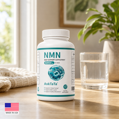 AskTaTa NMN 60000mg supplement bottle on wooden table with water glass and plant — NAD+ Support, Made in USA, 120 capsules