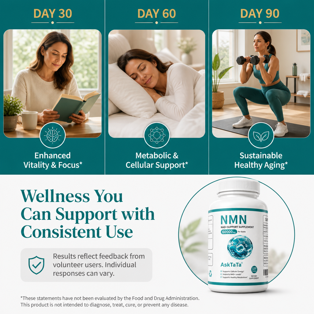 AskTaTa NMN 60000mg 90-day wellness journey — supports vitality and focus, metabolic and cellular support, and sustainable healthy aging