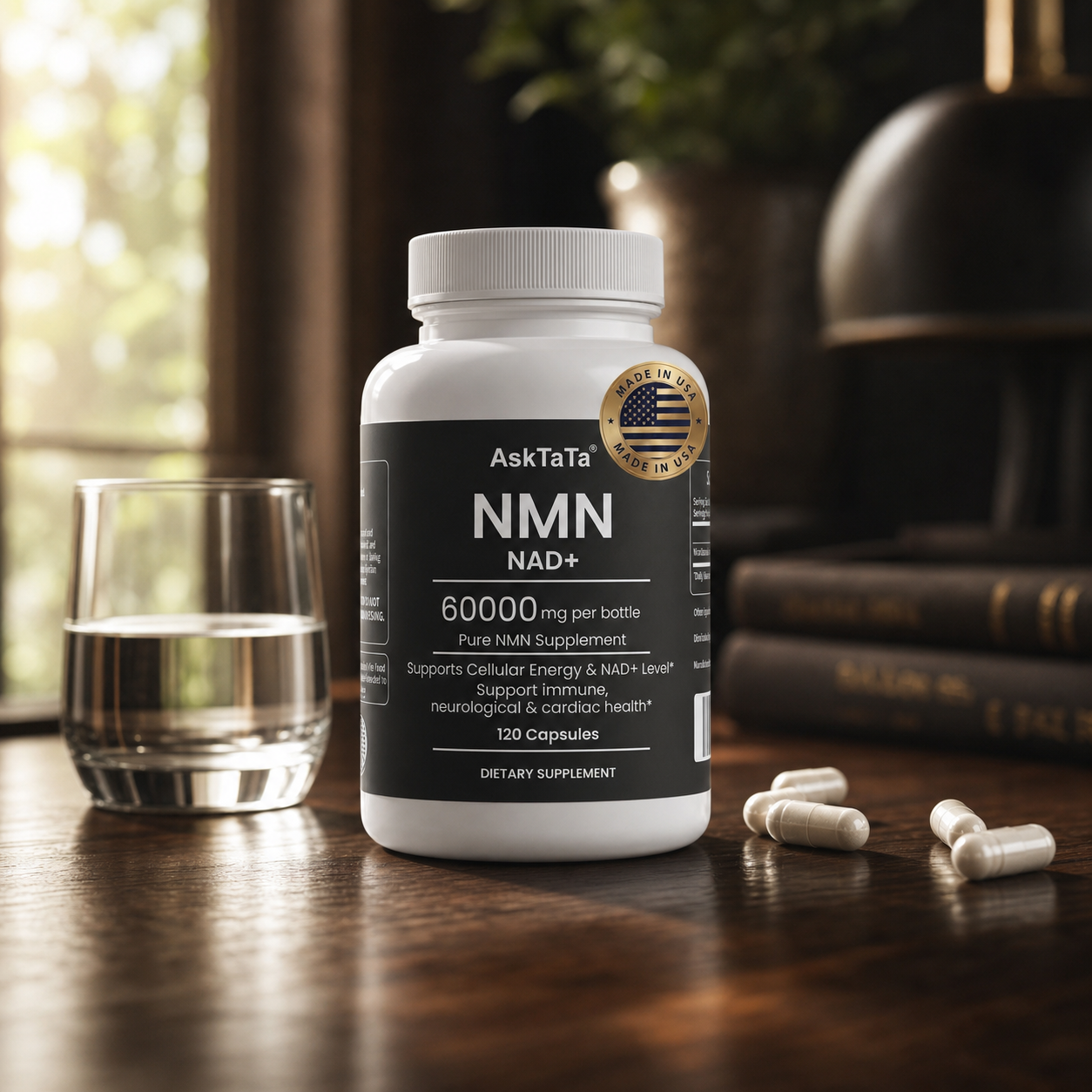AskTaTa NMN NAD+ 60000mg pure supplement — 120 capsules on dark walnut table with water glass, supports cellular energy and NAD+ levels, made in USA