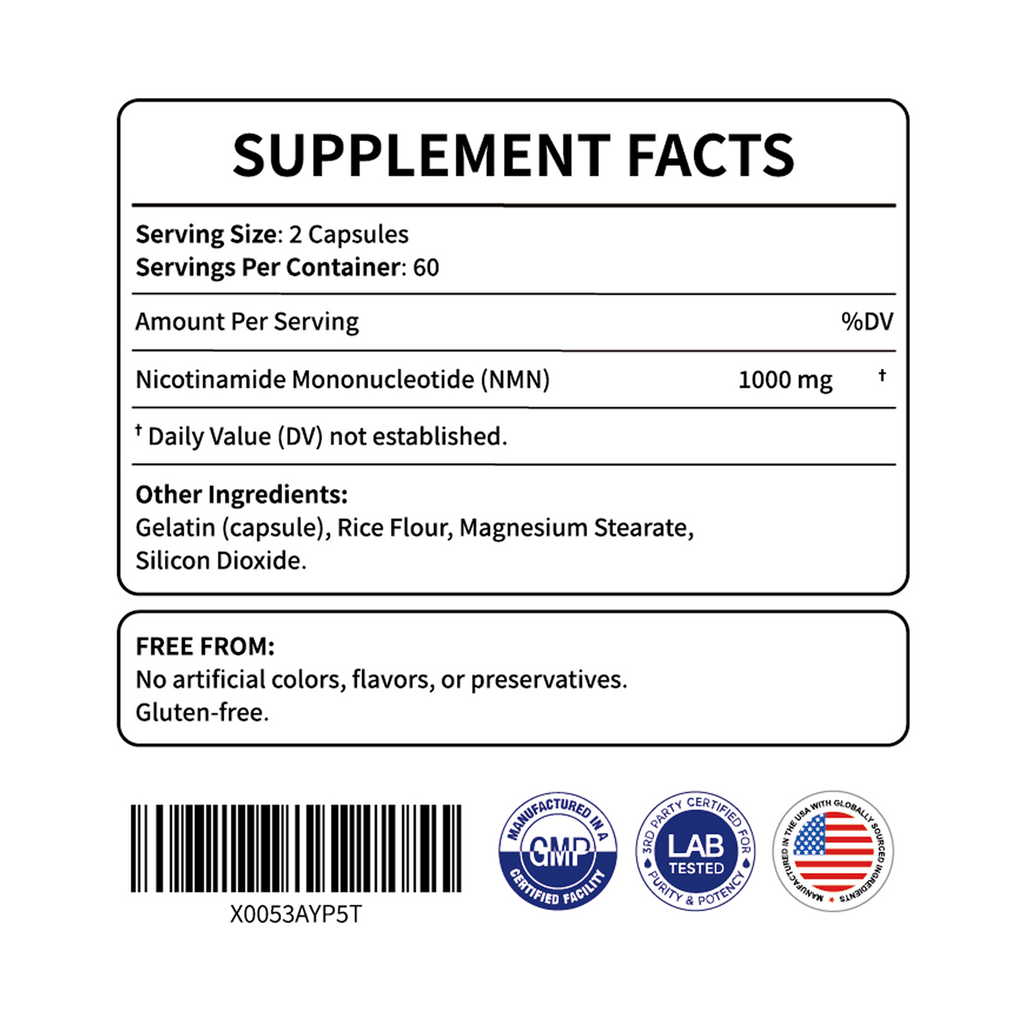 AskTaTa NMN supplement facts — 1000mg Nicotinamide Mononucleotide per serving, 60 servings, cGMP certified facility, third-party lab tested, gluten-free, no artificial colors or preservatives